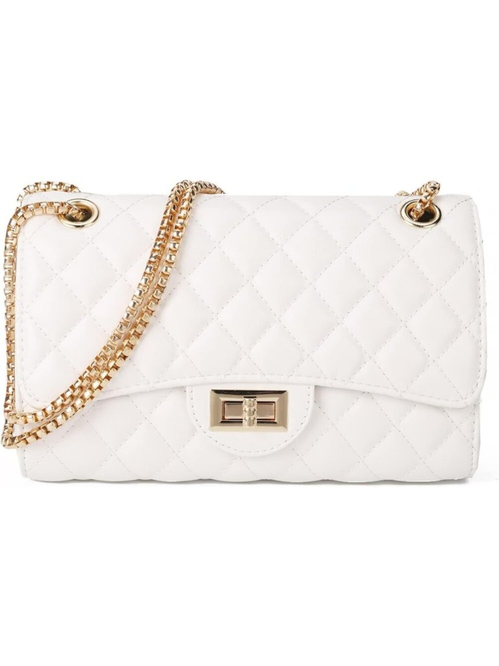 Womens White Quilted Crossbody Structured Purse Shoulder Bag Chain Strap